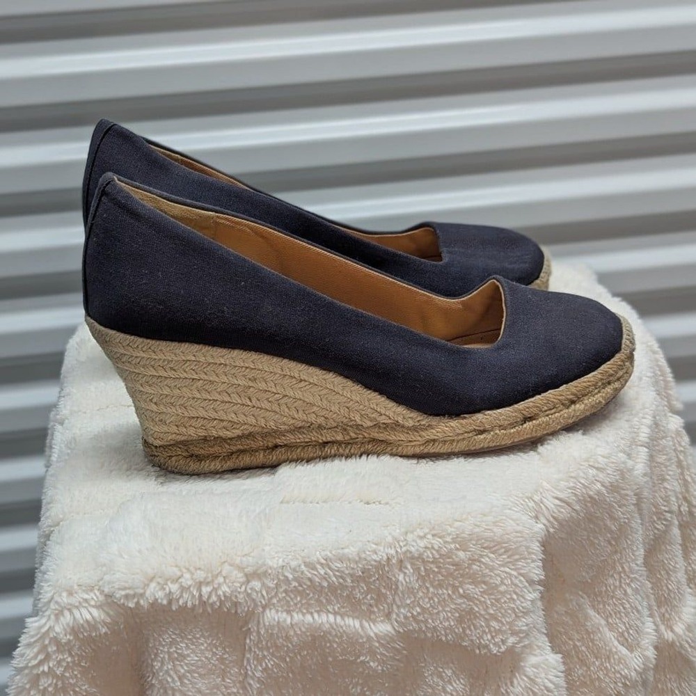 Coastal Preppy J.Crew Navy Canvas Espadrille Wedge Pumps Comfort Size 8